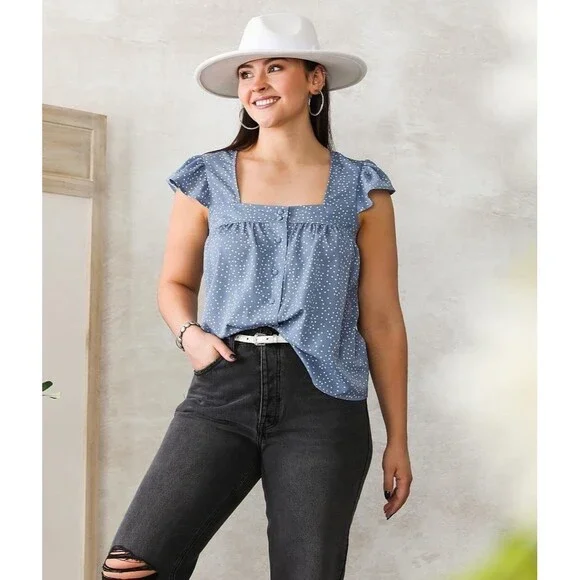 NWT Willow & Root Square Neck Blue/White Polka Dot Flutter Sleeve Blouse- Size M - Picture 1 of 10